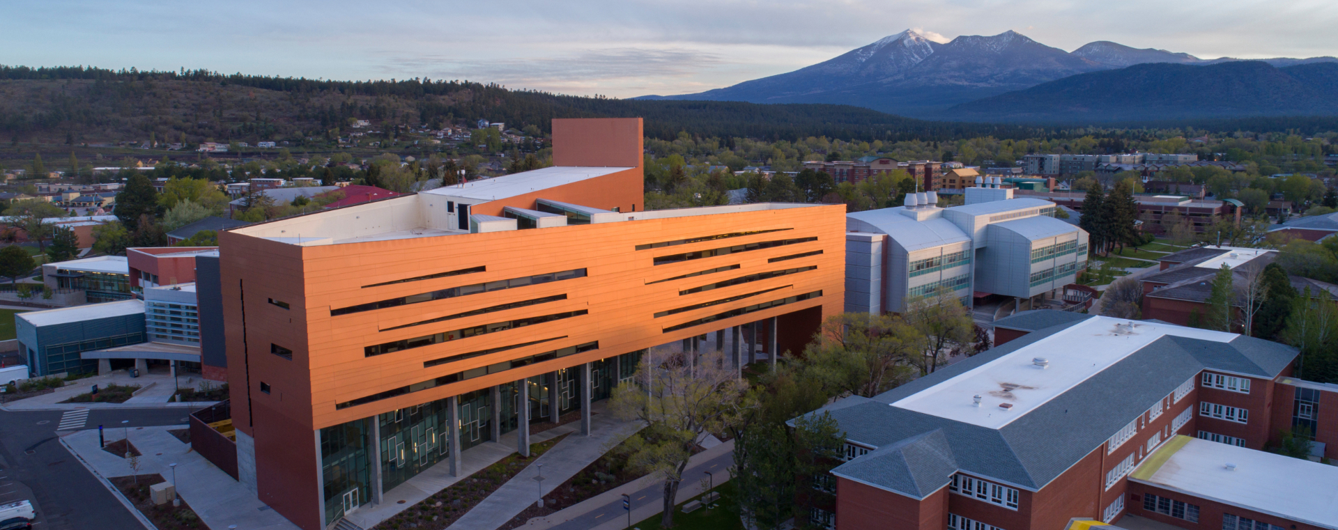 Northern Arizona University campus with the San Francisco Peaks in the distance, Flagstaff, Arizona